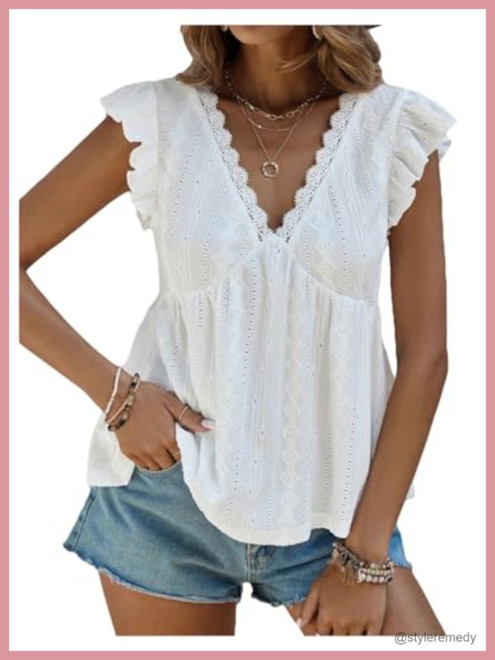 Women's Lace Trim Ruffled Eyelet Flowy Tank Top Blouse